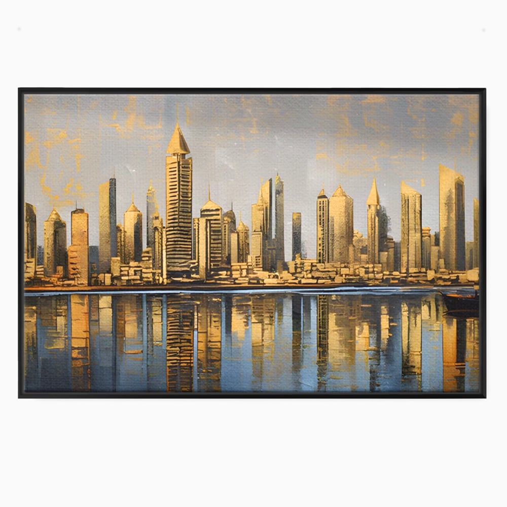 Tablou canvas cu tablou canvas cu peisaj urban si cladiri inalte, in rama de aluminiu negru