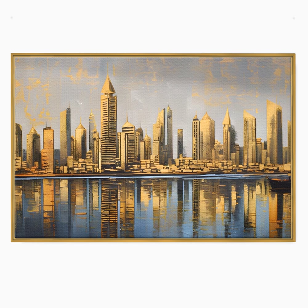 Tablou canvas cu tablou canvas cu peisaj urban si cladiri inalte, in rama de aluminiu auriu