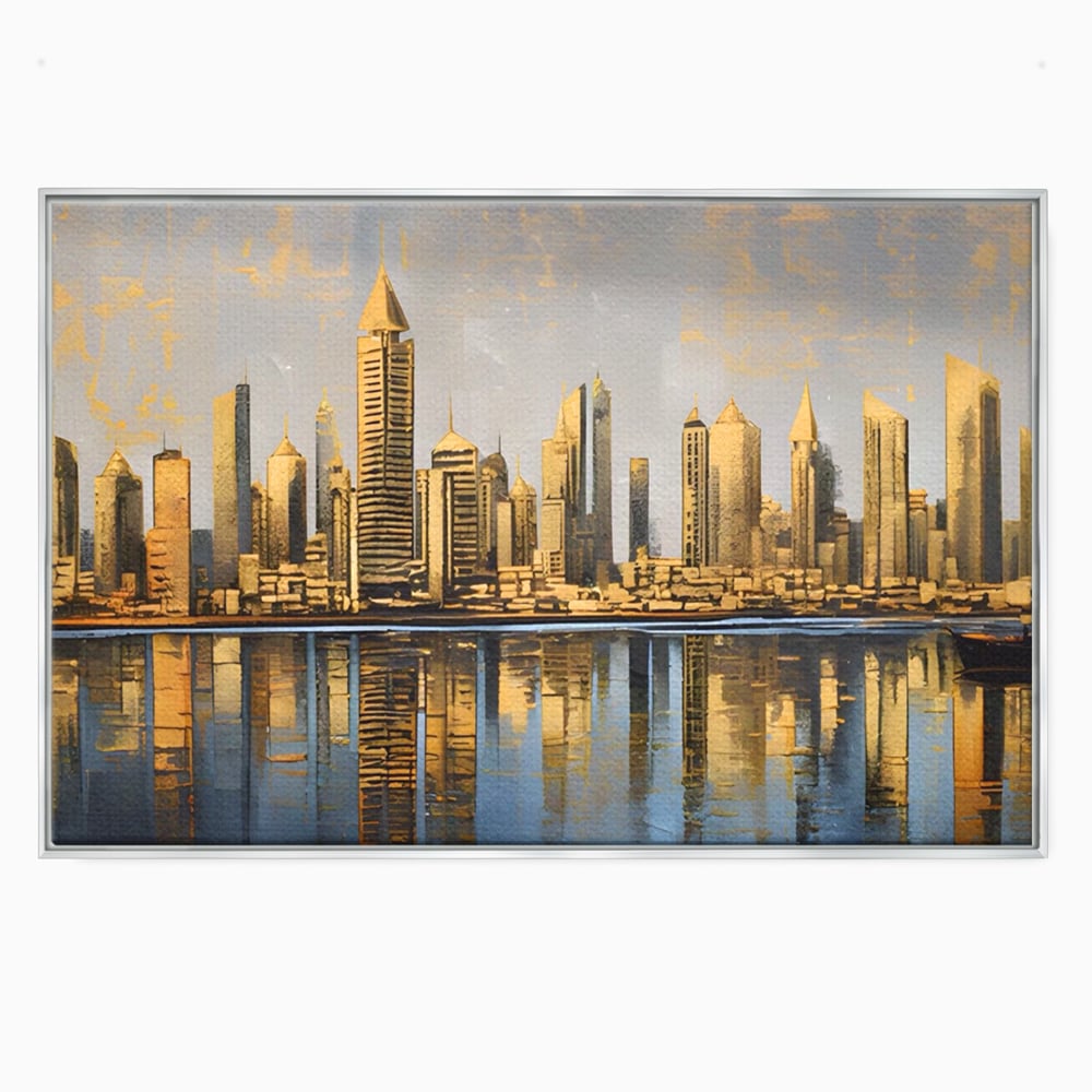 Tablou canvas cu tablou canvas cu peisaj urban si cladiri inalte, in rama de aluminiu argintiu