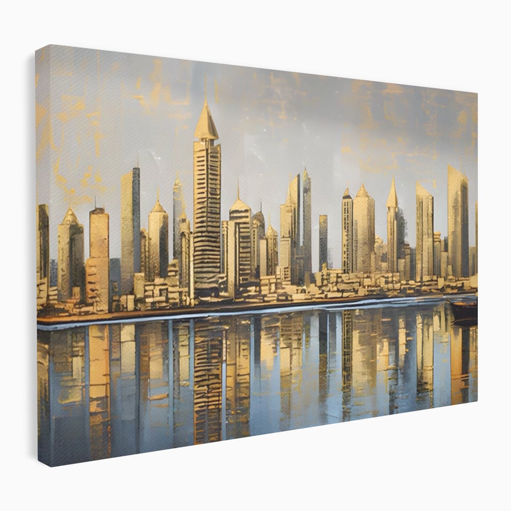 Tablou canvas cu tablou canvas cu peisaj urban si cladiri inalte, fara rama, pe sasiu de lemn