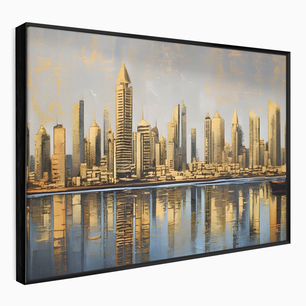 Tablou canvas cu tablou canvas cu peisaj urban si cladiri inalte, in rama de aluminiu negru