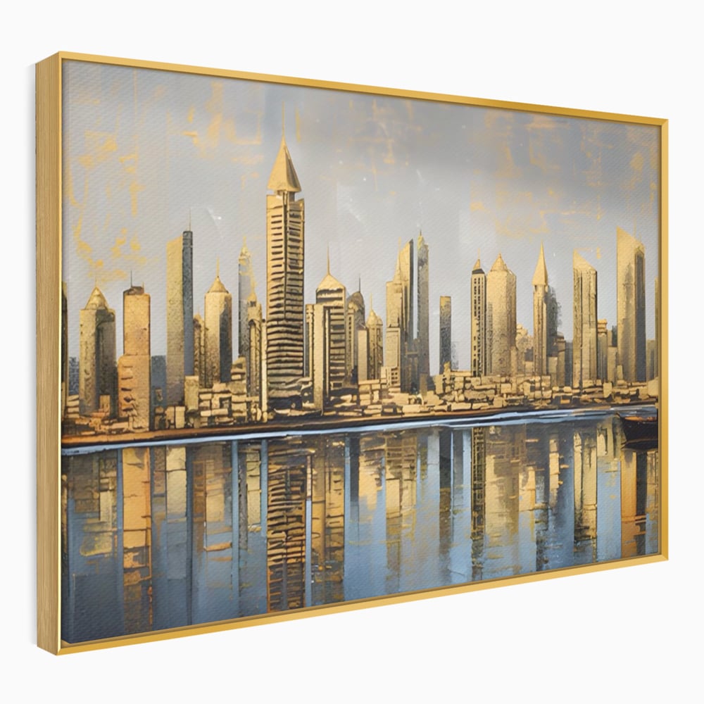 Tablou canvas cu tablou canvas cu peisaj urban si cladiri inalte, in rama de aluminiu auriu