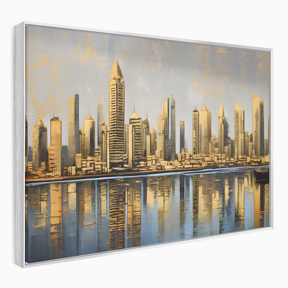 Tablou canvas cu tablou canvas cu peisaj urban si cladiri inalte, in rama de aluminiu argintiu
