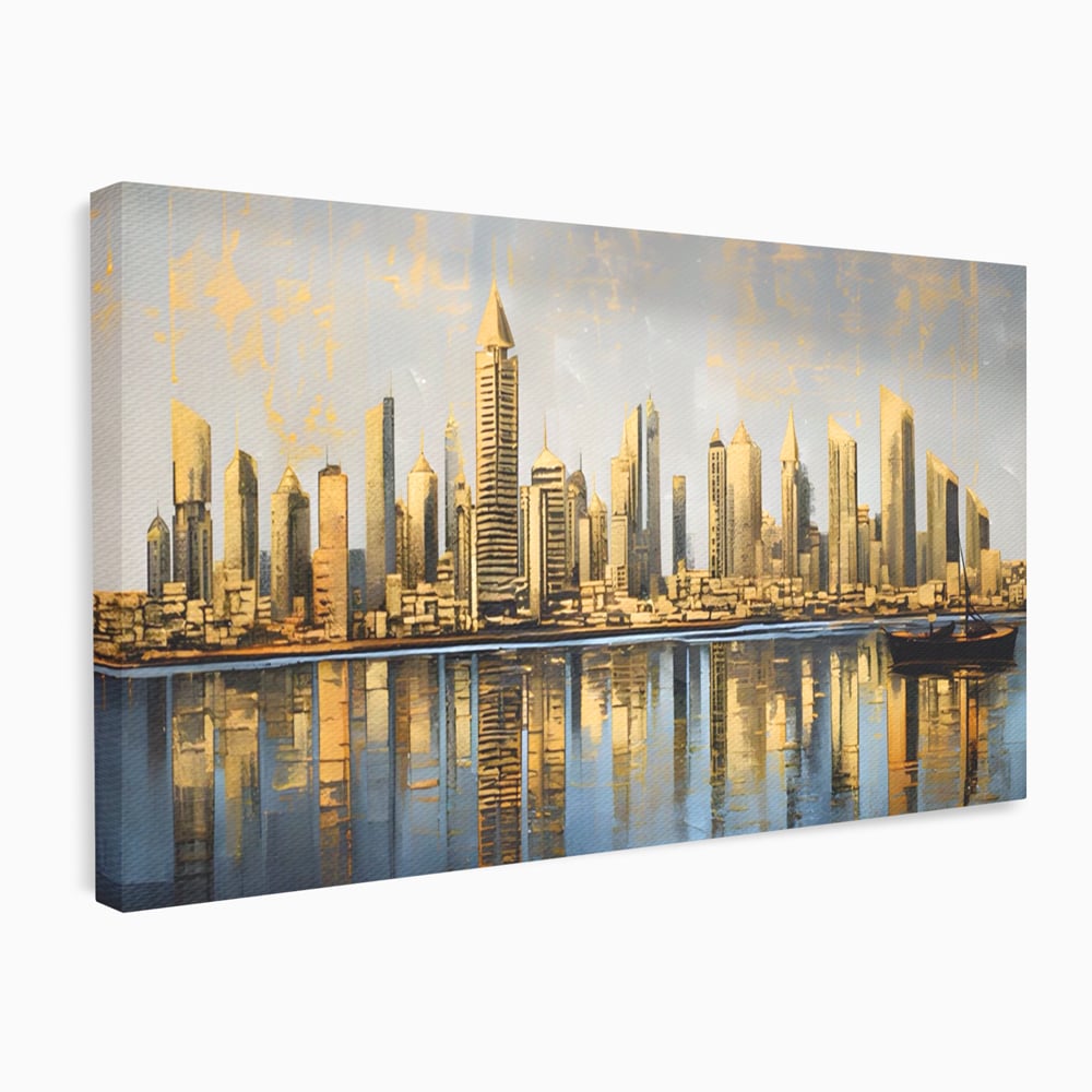 Tablou canvas cu tablou canvas cu peisaj urban si cladiri inalte, fara rama, pe sasiu de lemn