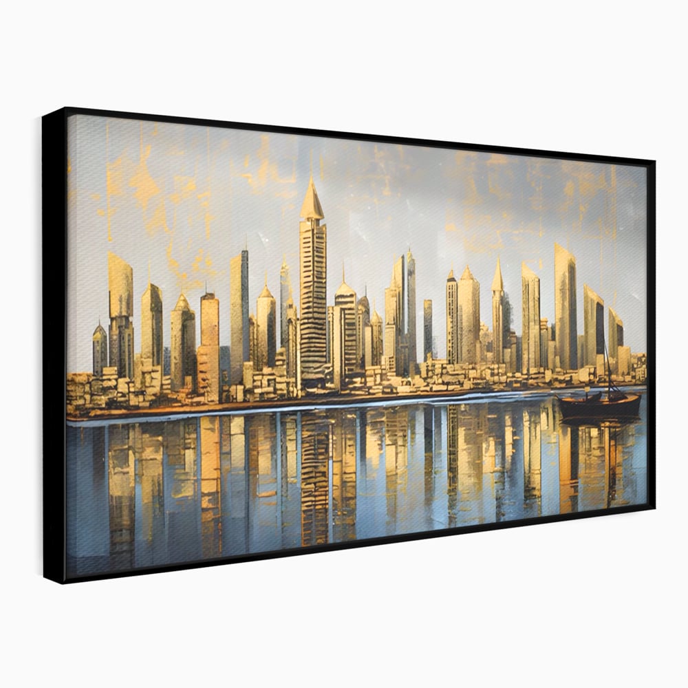 Tablou canvas cu tablou canvas cu peisaj urban si cladiri inalte, in rama de aluminiu negru