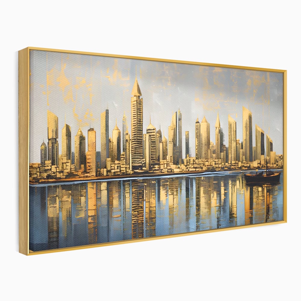 Tablou canvas cu tablou canvas cu peisaj urban si cladiri inalte, in rama de aluminiu auriu