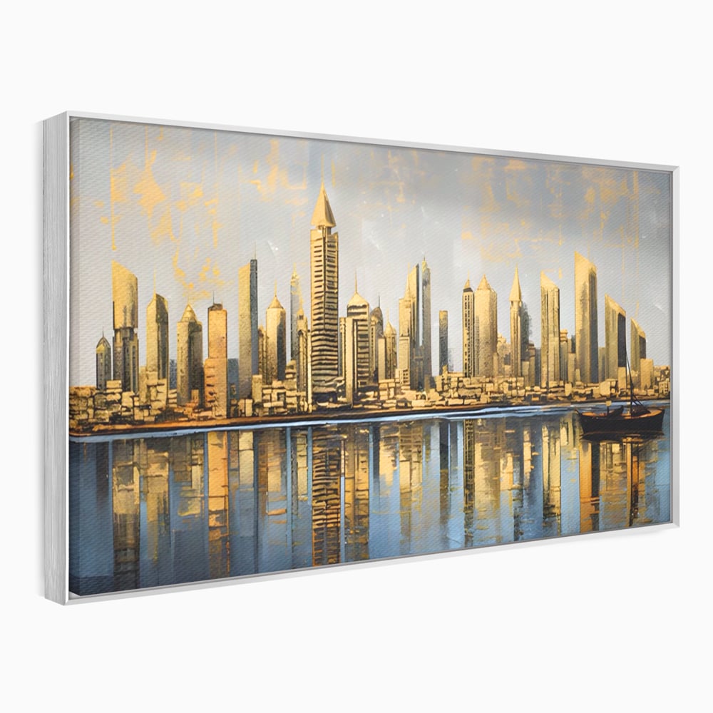 Tablou canvas cu tablou canvas cu peisaj urban si cladiri inalte, in rama de aluminiu argintiu