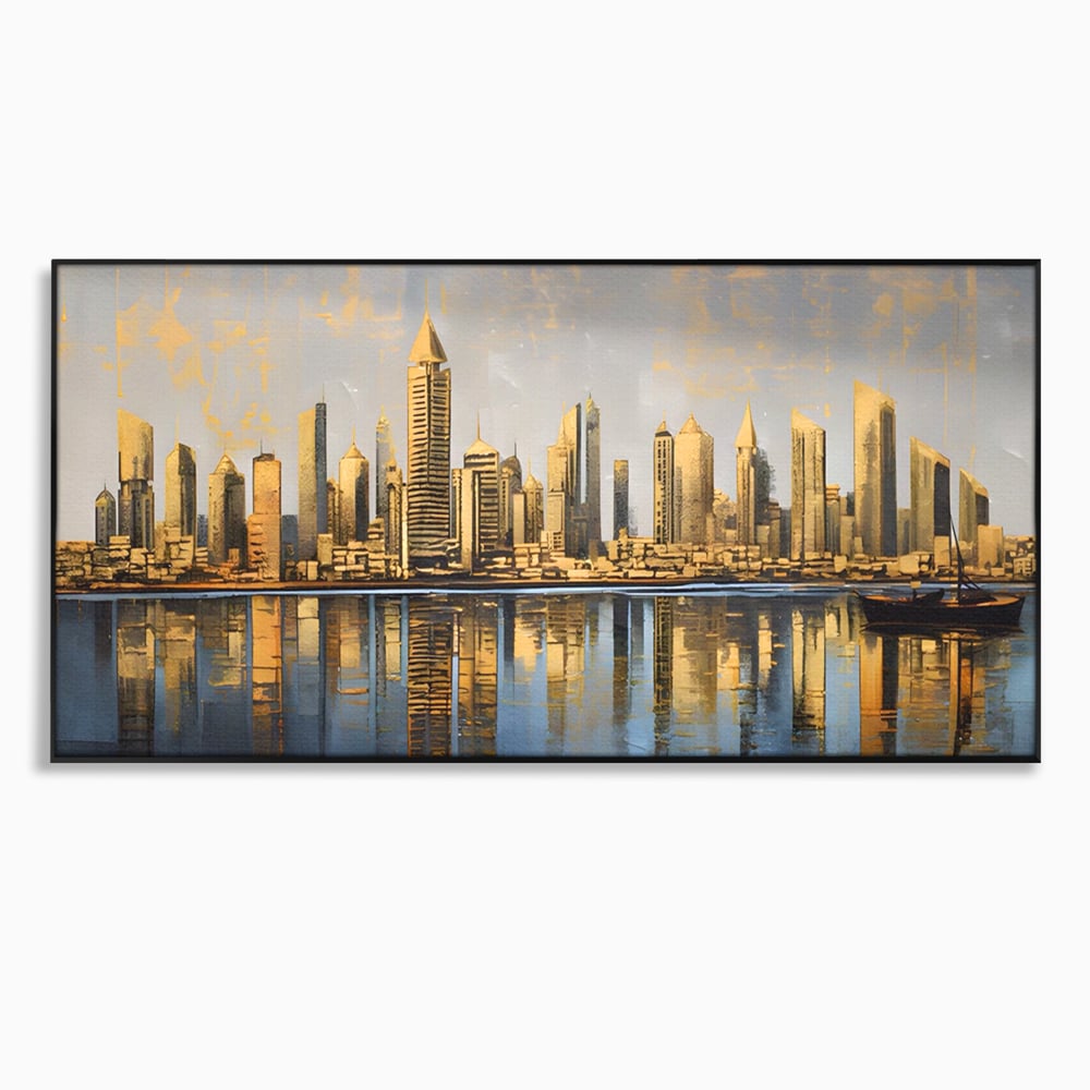 Tablou canvas cu tablou canvas cu peisaj urban si cladiri inalte, in rama de aluminiu negru
