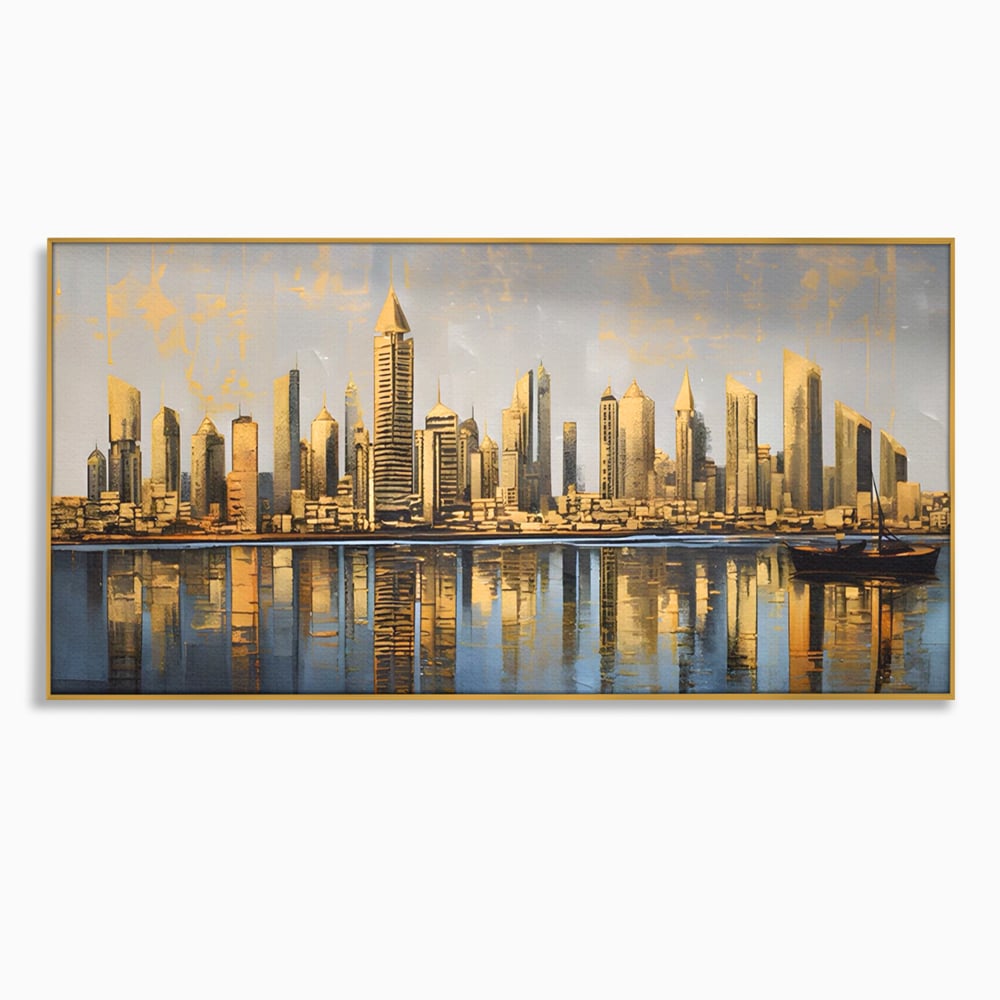 Tablou canvas cu tablou canvas cu peisaj urban si cladiri inalte, in rama de aluminiu auriu