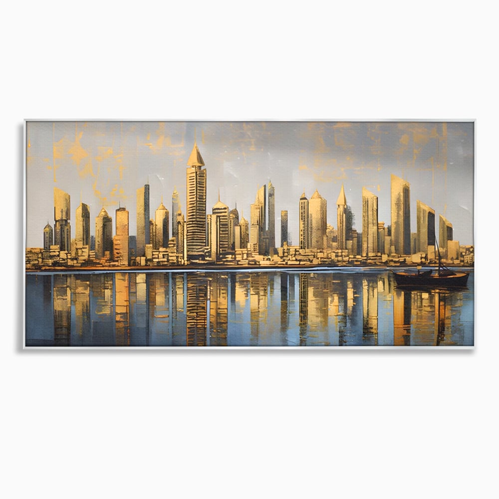 Tablou canvas cu tablou canvas cu peisaj urban si cladiri inalte, in rama de aluminiu argintiu