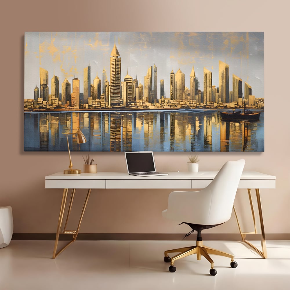 Tablou canvas cu tablou canvas cu peisaj urban si cladiri inalte, fara rama, pe sasiu de lemn, pe perete intr-un birou
