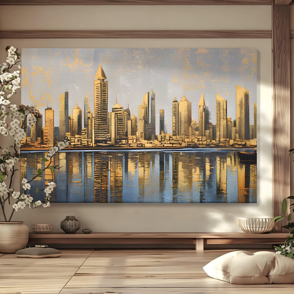 Tablou canvas cu tablou canvas cu peisaj urban si cladiri inalte, fara rama, pe sasiu de lemn