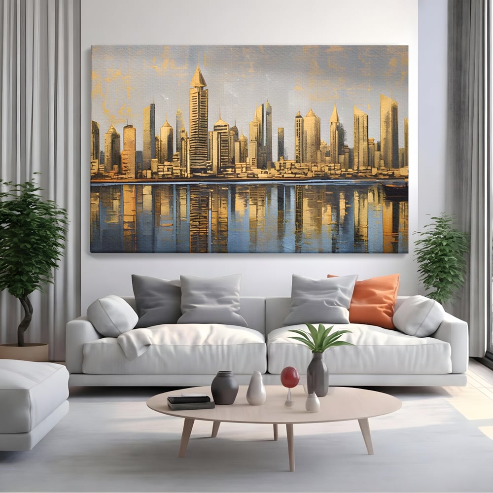 Tablou canvas cu tablou canvas cu peisaj urban si cladiri inalte, fara rama, pe sasiu de lemn, pe perete intr-un living