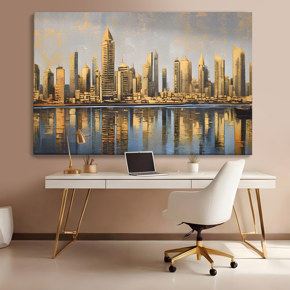Tablou canvas cu tablou canvas cu peisaj urban si cladiri inalte, fara rama, pe sasiu de lemn, pe perete intr-un birou