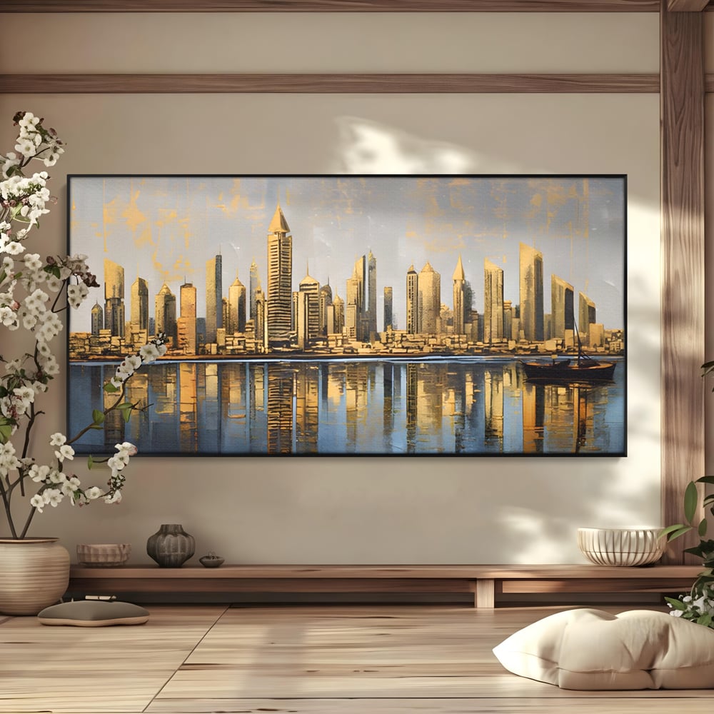 Tablou canvas cu tablou canvas cu peisaj urban si cladiri inalte, in rama de aluminiu negru