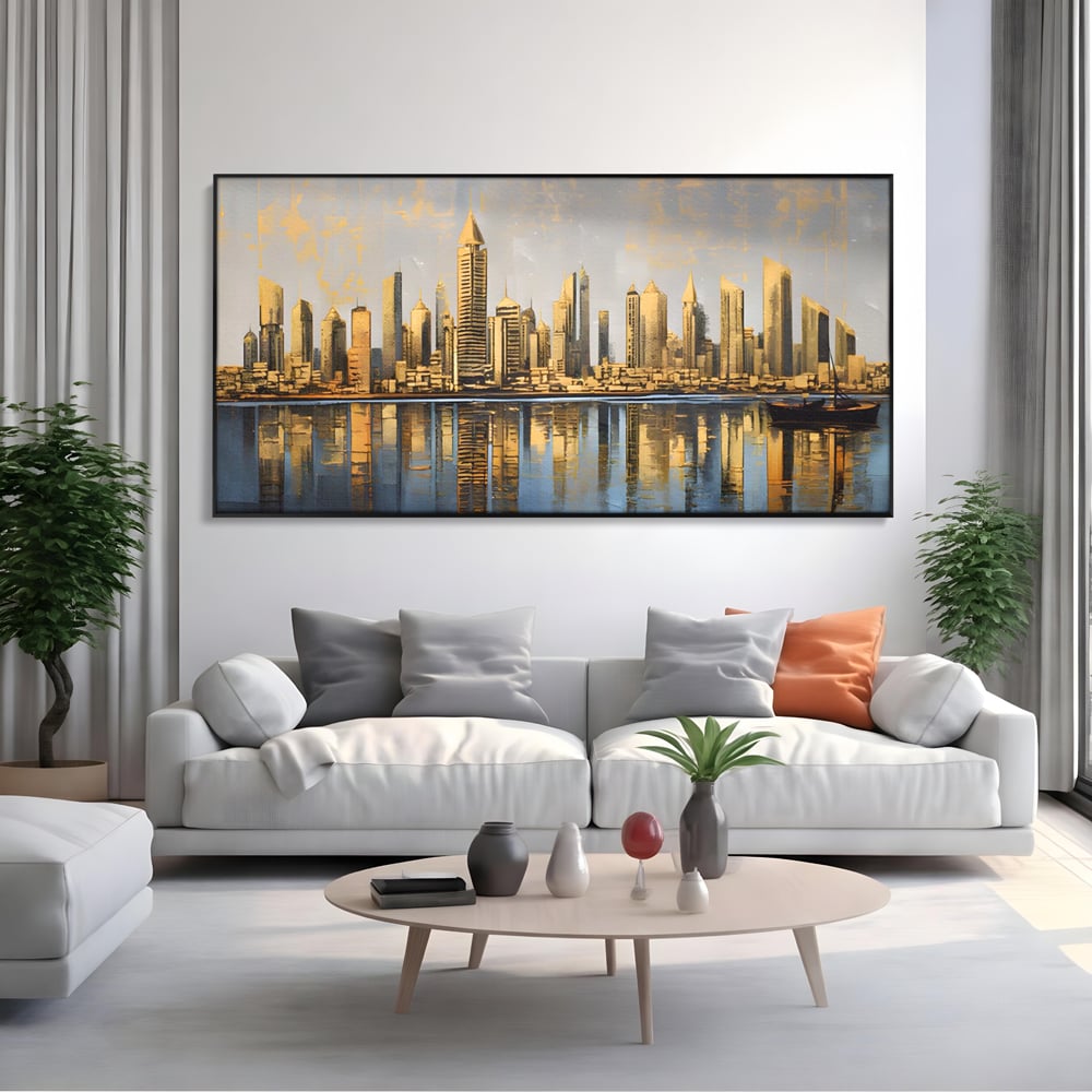 Tablou canvas cu tablou canvas cu peisaj urban si cladiri inalte, in rama de aluminiu negru, pe perete intr-un living