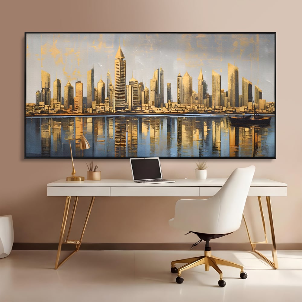 Tablou canvas cu tablou canvas cu peisaj urban si cladiri inalte, in rama de aluminiu negru, pe perete intr-un birou