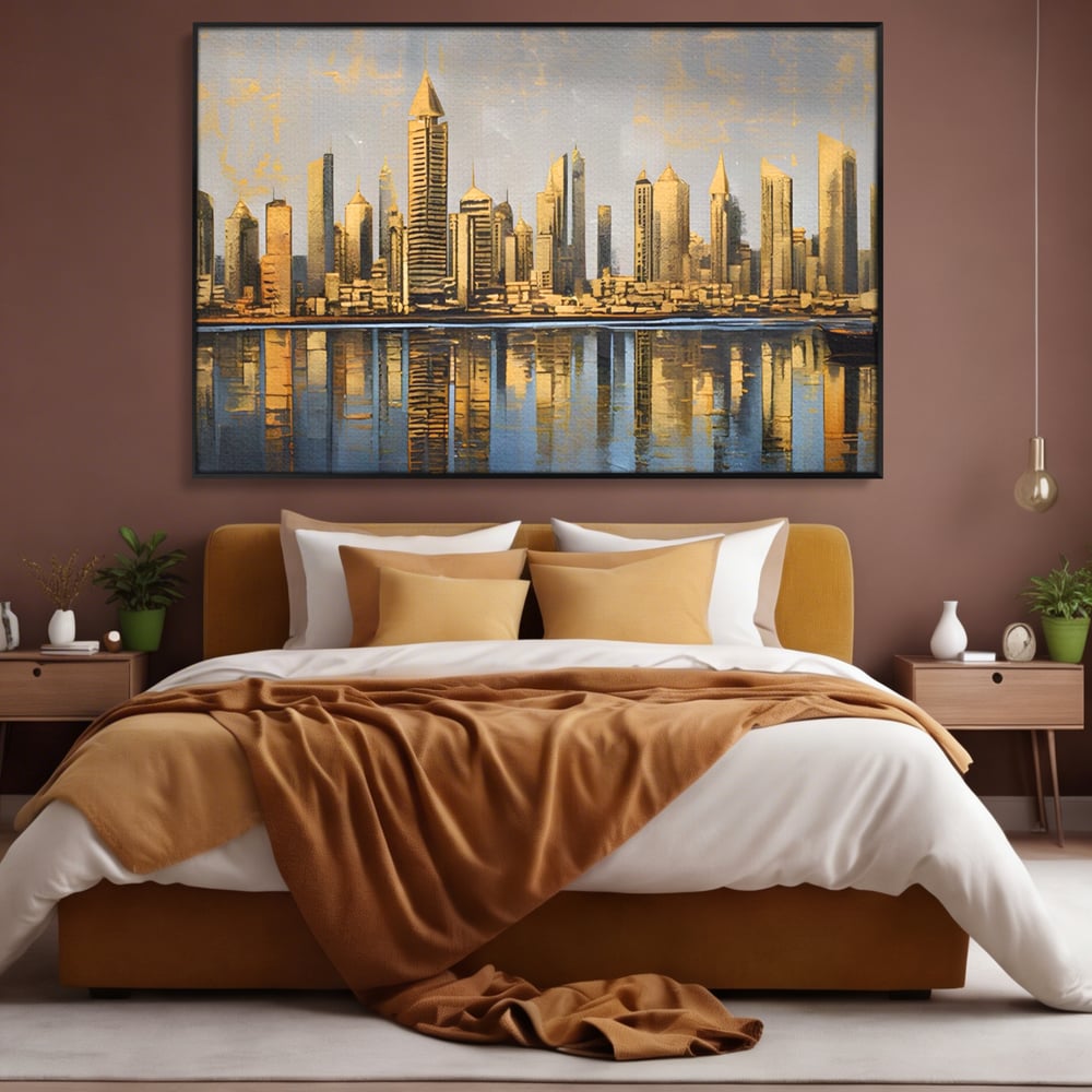Tablou canvas cu tablou canvas cu peisaj urban si cladiri inalte, in rama de aluminiu negru, pe perete intr-un dormitor