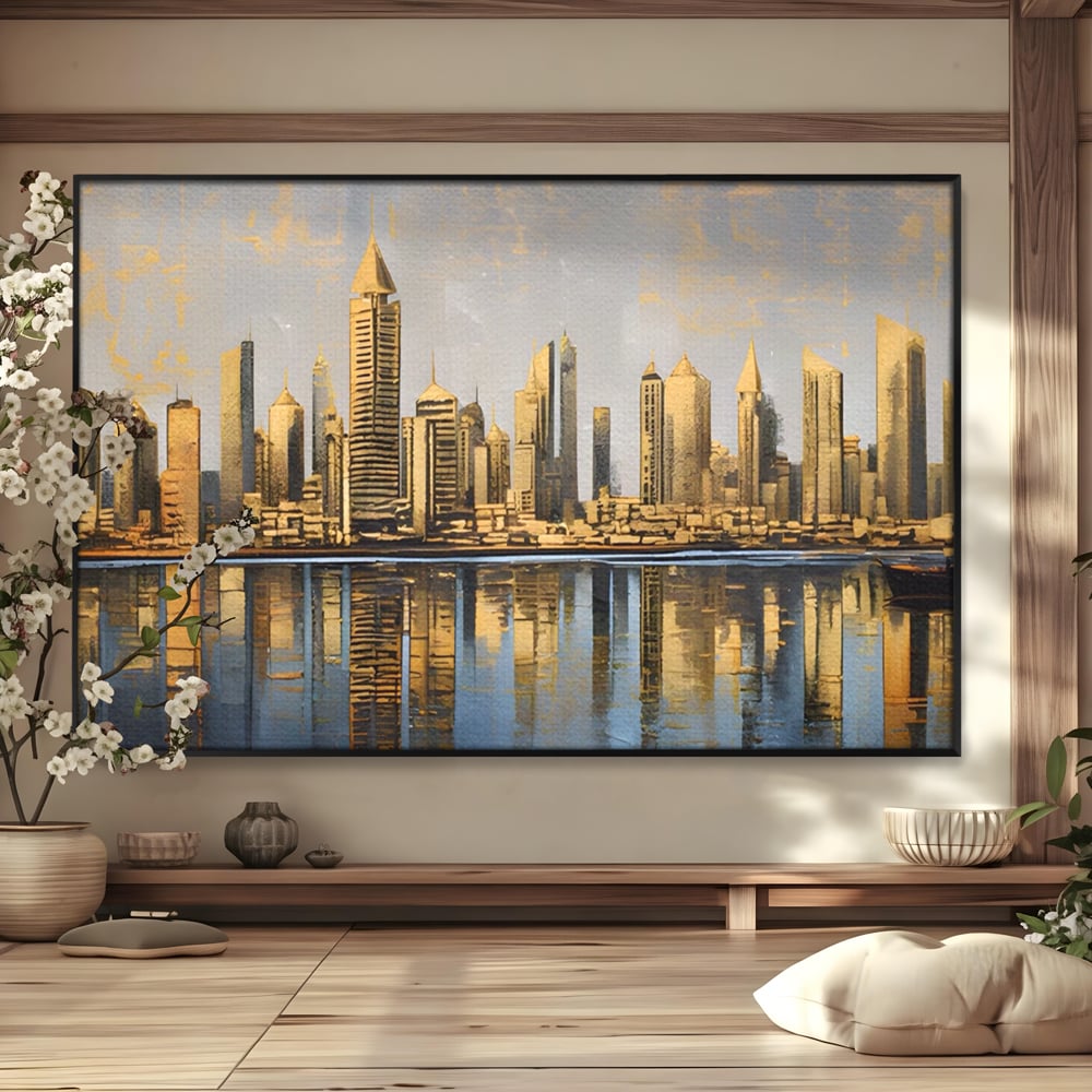 Tablou canvas cu tablou canvas cu peisaj urban si cladiri inalte, in rama de aluminiu negru