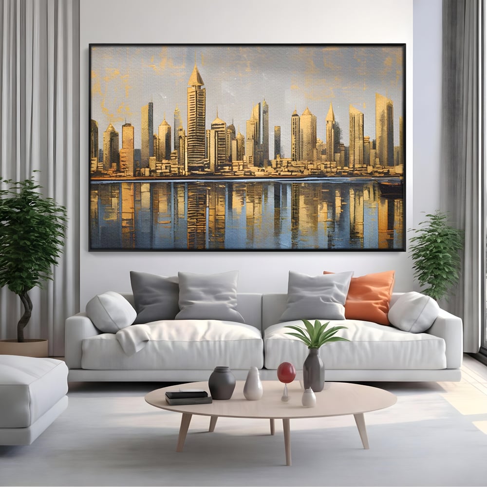 Tablou canvas cu tablou canvas cu peisaj urban si cladiri inalte, in rama de aluminiu negru, pe perete intr-un living