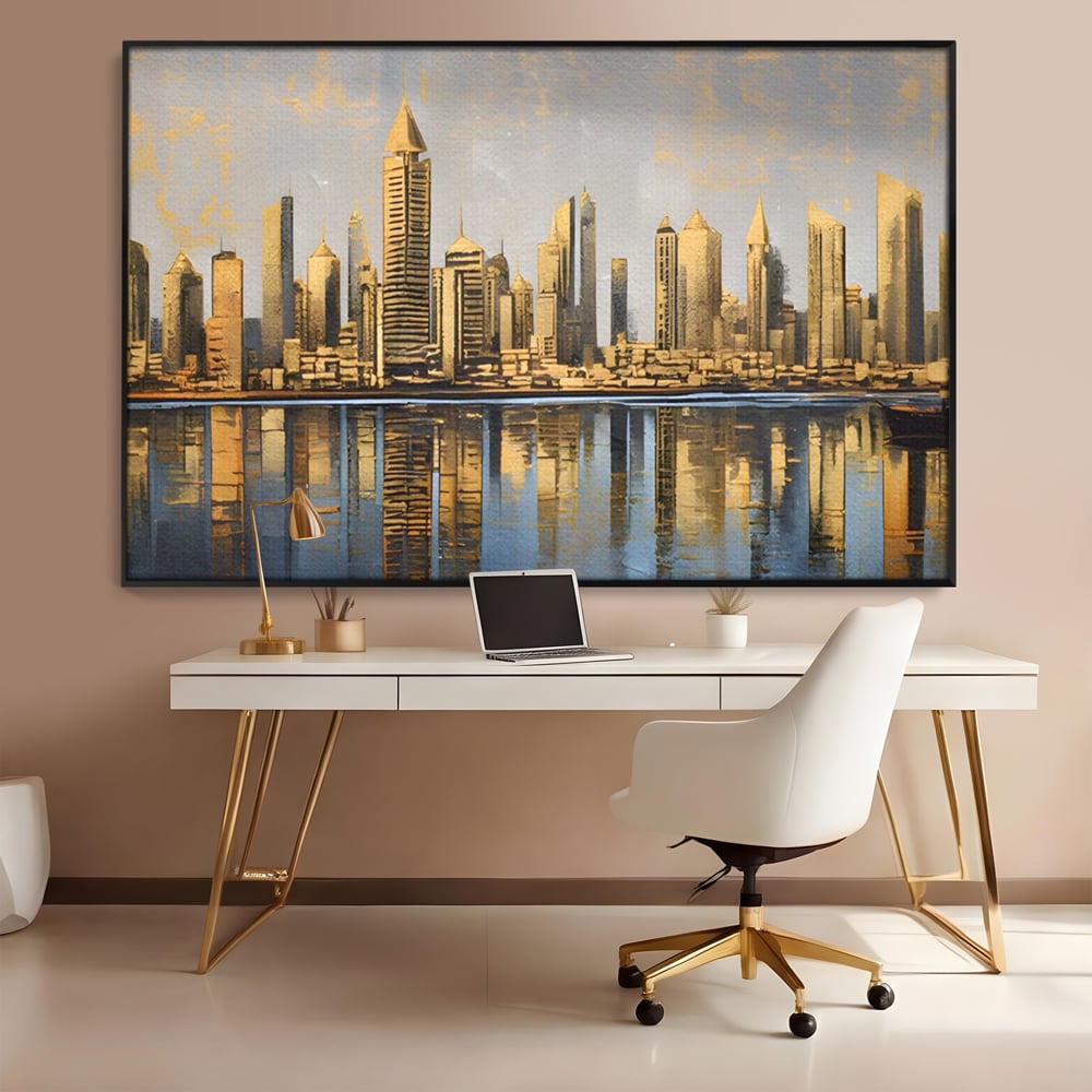 Tablou canvas cu tablou canvas cu peisaj urban si cladiri inalte, in rama de aluminiu negru, pe perete intr-un birou