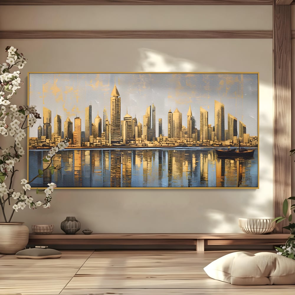 Tablou canvas cu tablou canvas cu peisaj urban si cladiri inalte, in rama de aluminiu auriu