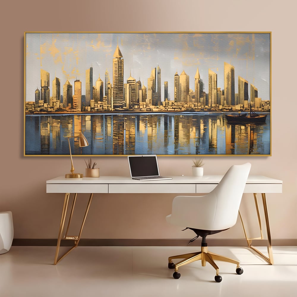 Tablou canvas cu tablou canvas cu peisaj urban si cladiri inalte, in rama de aluminiu auriu, pe perete intr-un birou