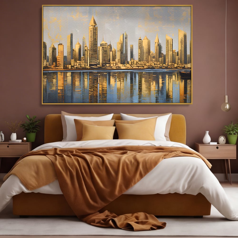 Tablou canvas cu tablou canvas cu peisaj urban si cladiri inalte, in rama de aluminiu auriu, pe perete intr-un dormitor