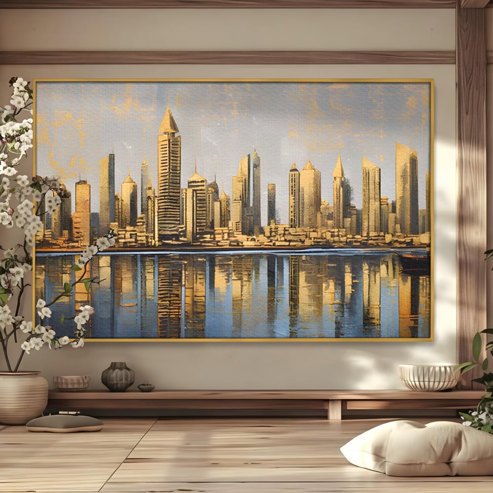 Tablou canvas cu tablou canvas cu peisaj urban si cladiri inalte, in rama de aluminiu auriu