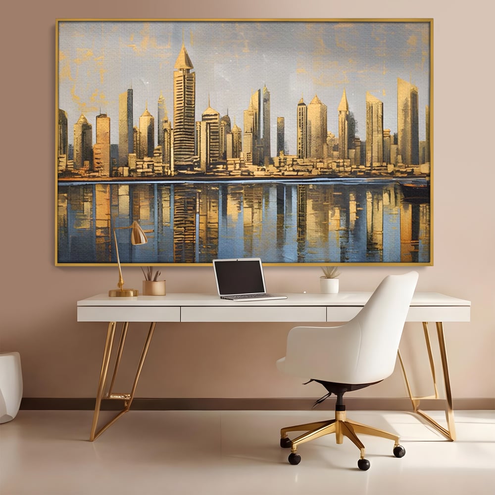 Tablou canvas cu tablou canvas cu peisaj urban si cladiri inalte, in rama de aluminiu auriu, pe perete intr-un birou