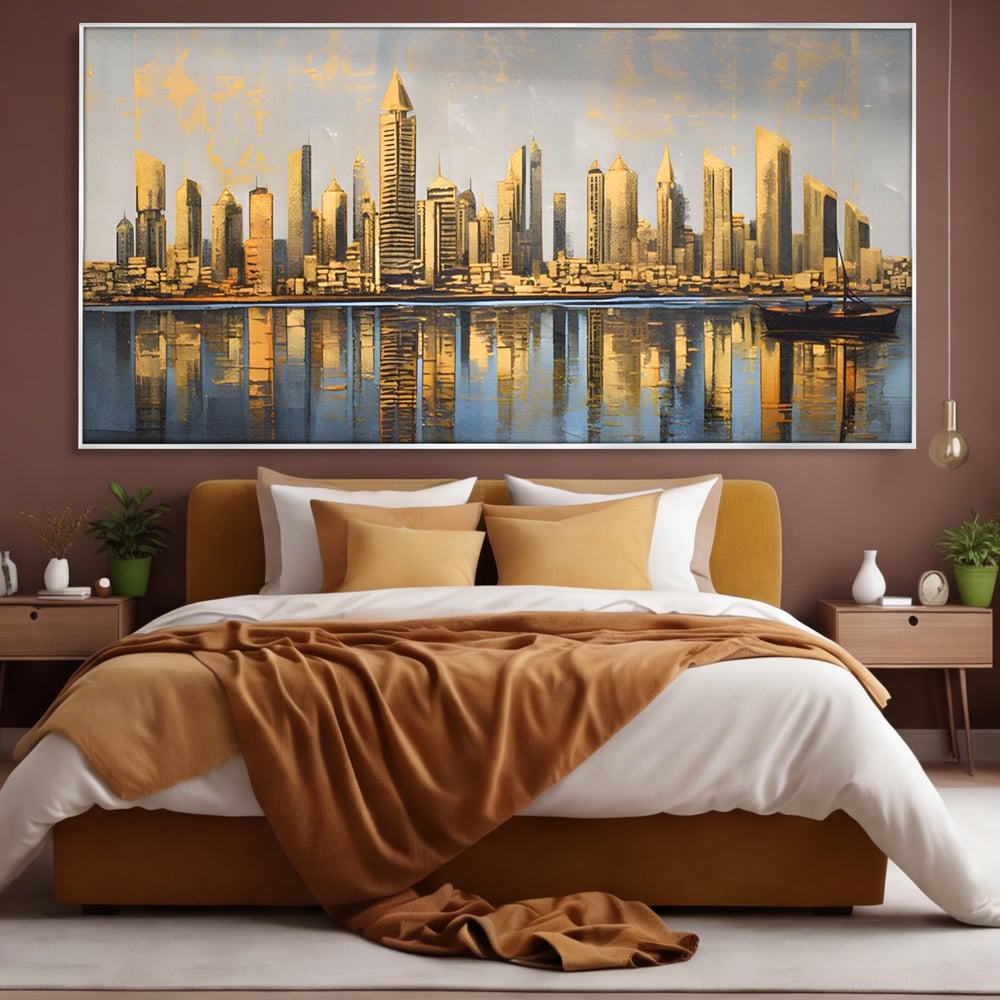 Tablou canvas cu tablou canvas cu peisaj urban si cladiri inalte, in rama de aluminiu argintiu, pe perete intr-un dormitor