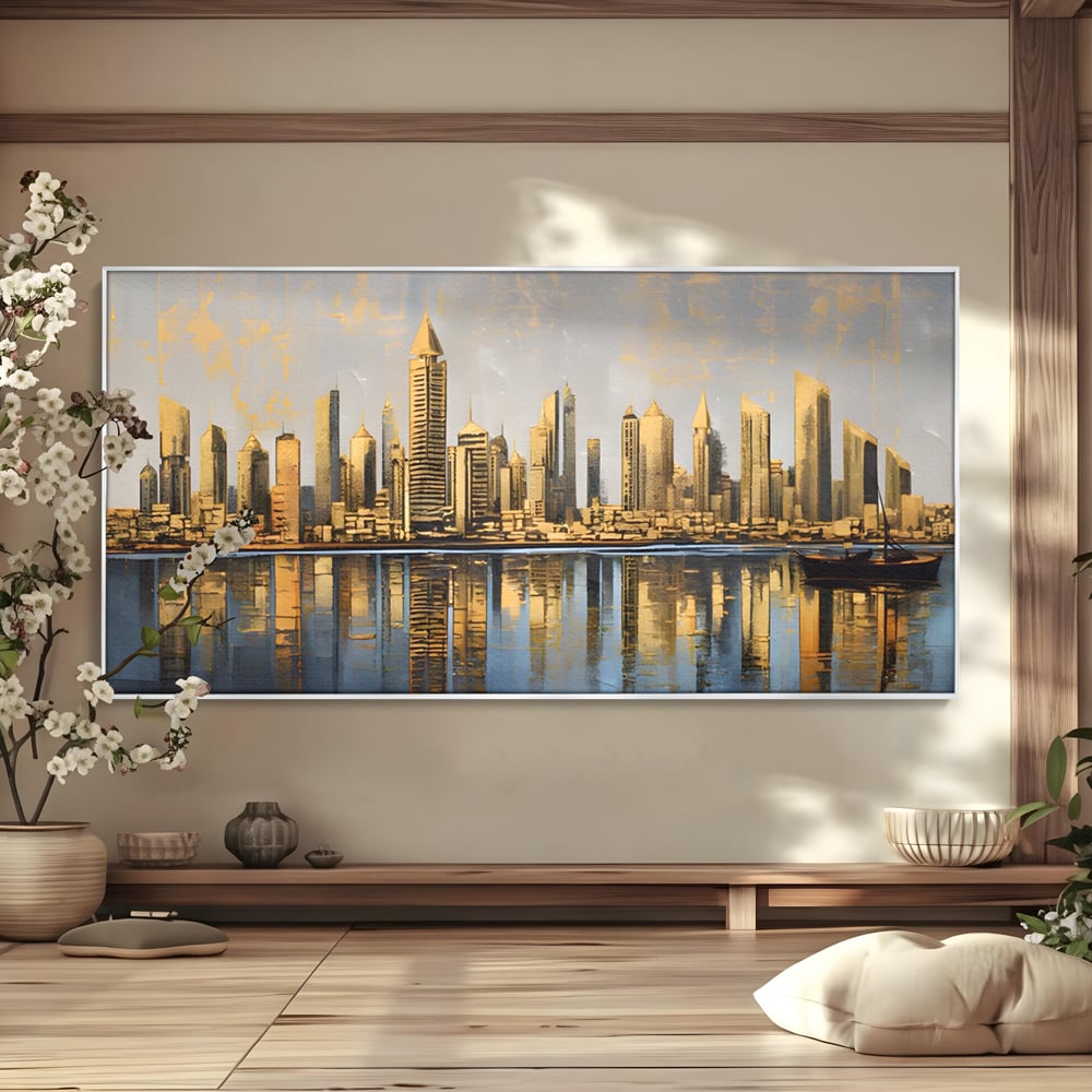 Tablou canvas cu tablou canvas cu peisaj urban si cladiri inalte, in rama de aluminiu argintiu