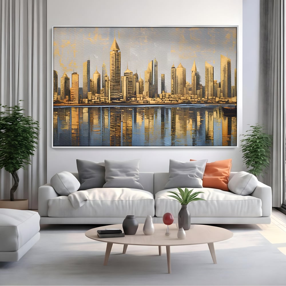 Tablou canvas cu tablou canvas cu peisaj urban si cladiri inalte, in rama de aluminiu argintiu, pe perete intr-un living
