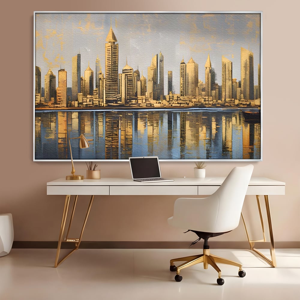Tablou canvas cu tablou canvas cu peisaj urban si cladiri inalte, in rama de aluminiu argintiu, pe perete intr-un birou