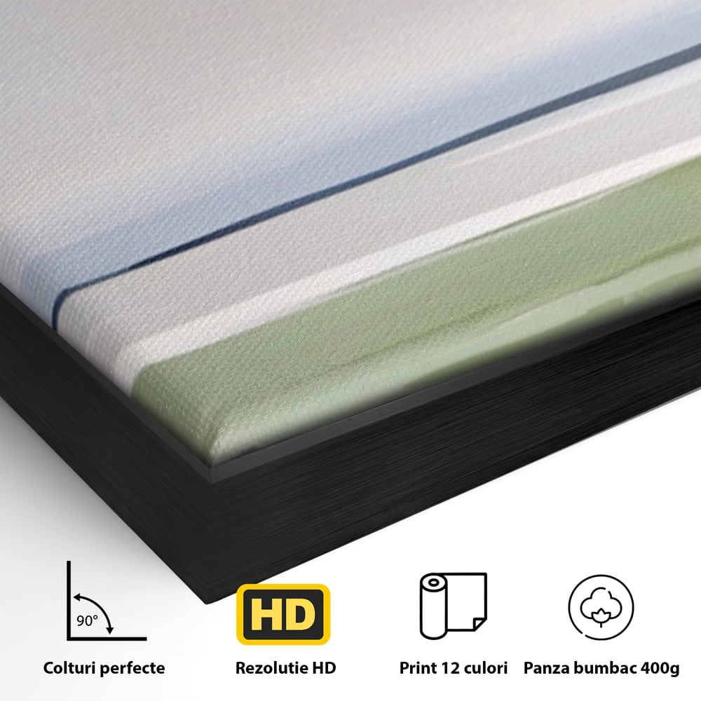 Detaliu al suprafetei: pictura orizontala cu peisaj de campie si apa, in rama de aluminiu negru