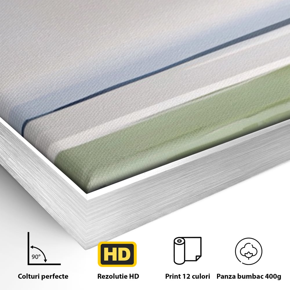 Detaliu al suprafetei: pictura orizontala cu peisaj de campie si apa, in rama de aluminiu argintiu