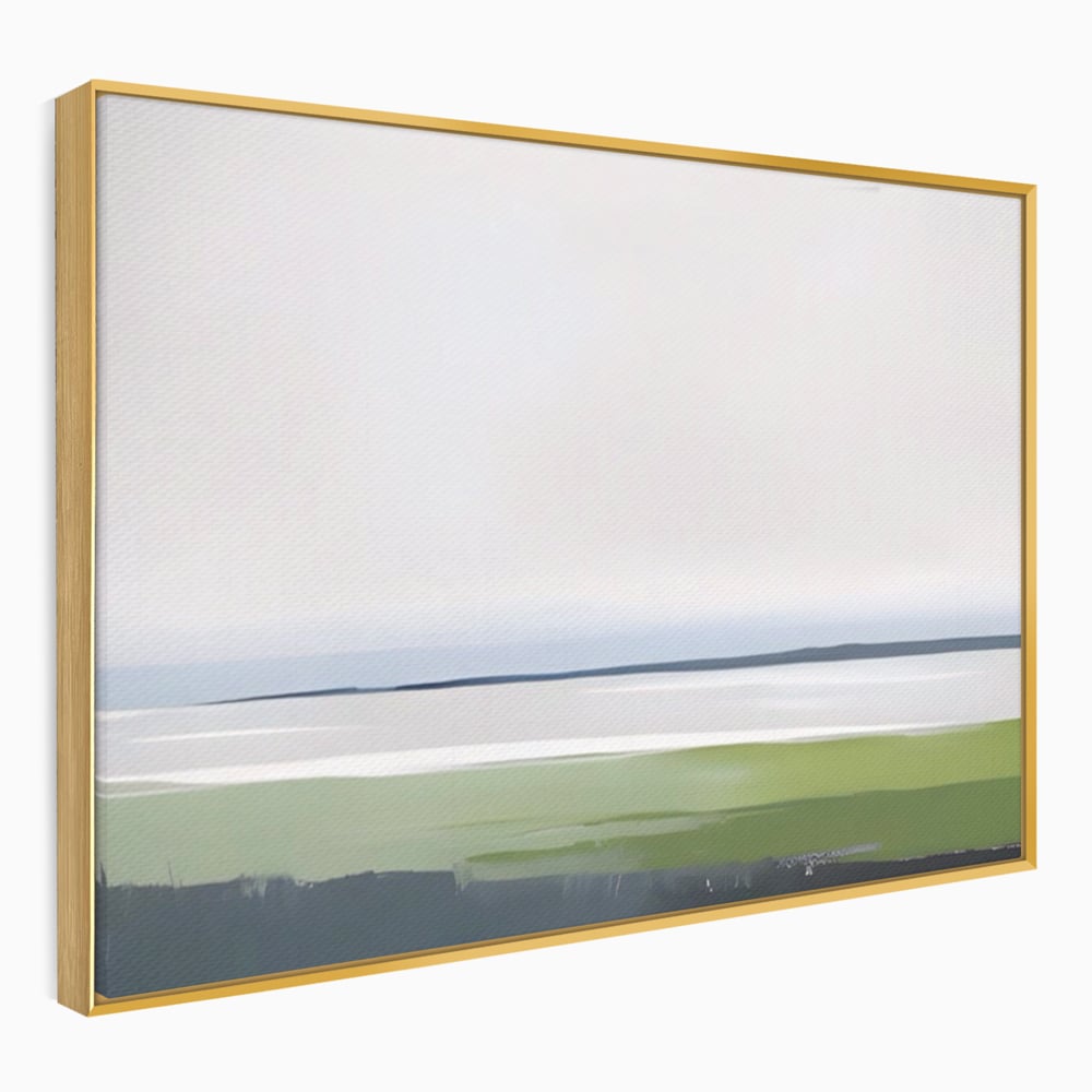 Tablou canvas cu pictura orizontala cu peisaj de campie si apa, in rama de aluminiu auriu
