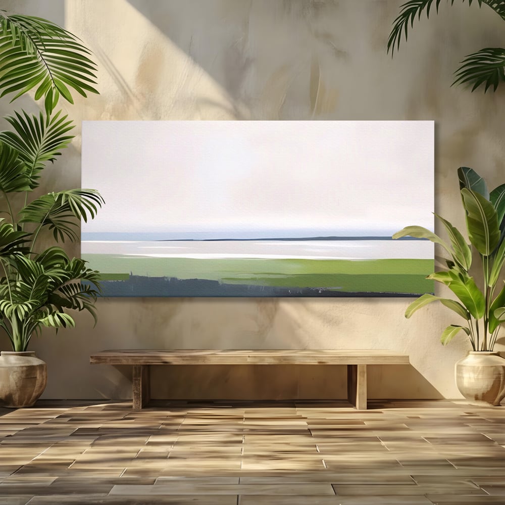 Tablou canvas cu pictura orizontala cu peisaj de campie si apa, fara rama, pe sasiu de lemn