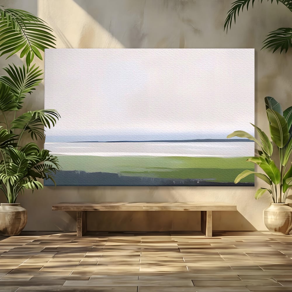 Tablou canvas cu pictura orizontala cu peisaj de campie si apa, fara rama, pe sasiu de lemn