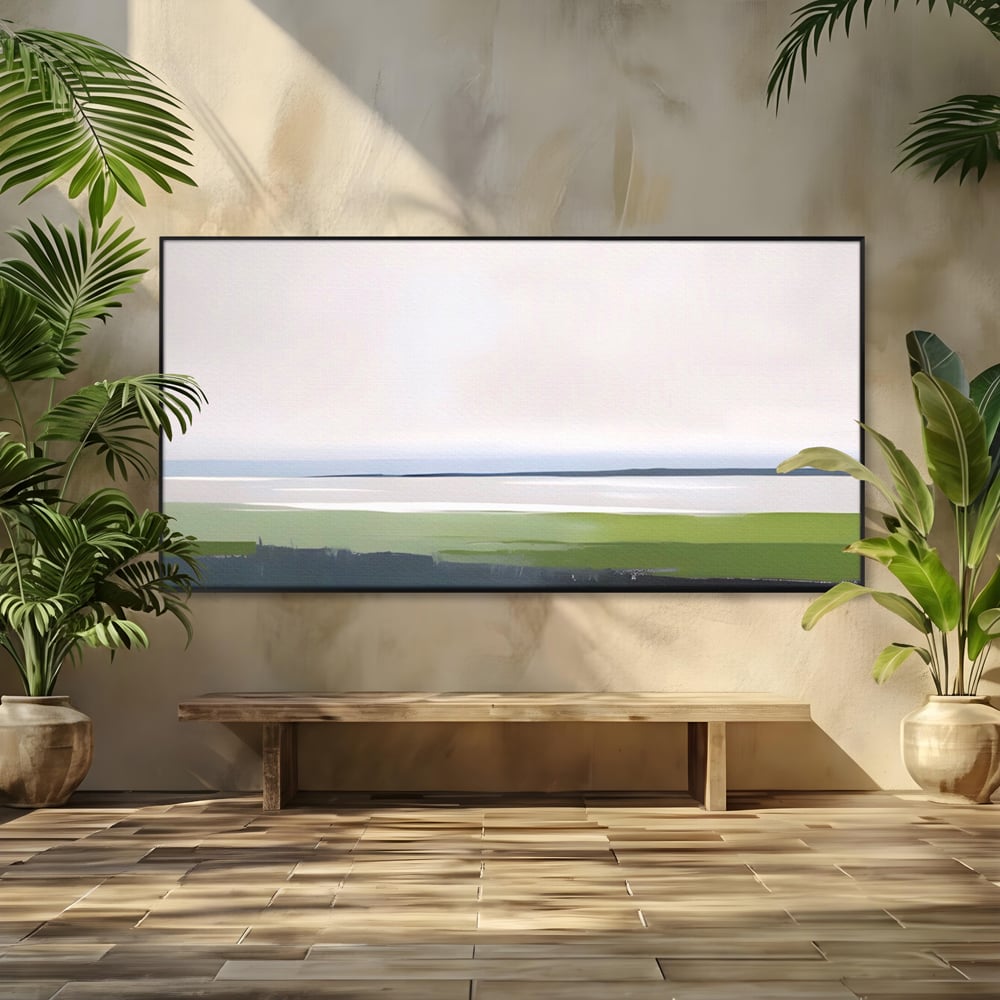 Tablou canvas cu pictura orizontala cu peisaj de campie si apa, in rama de aluminiu negru