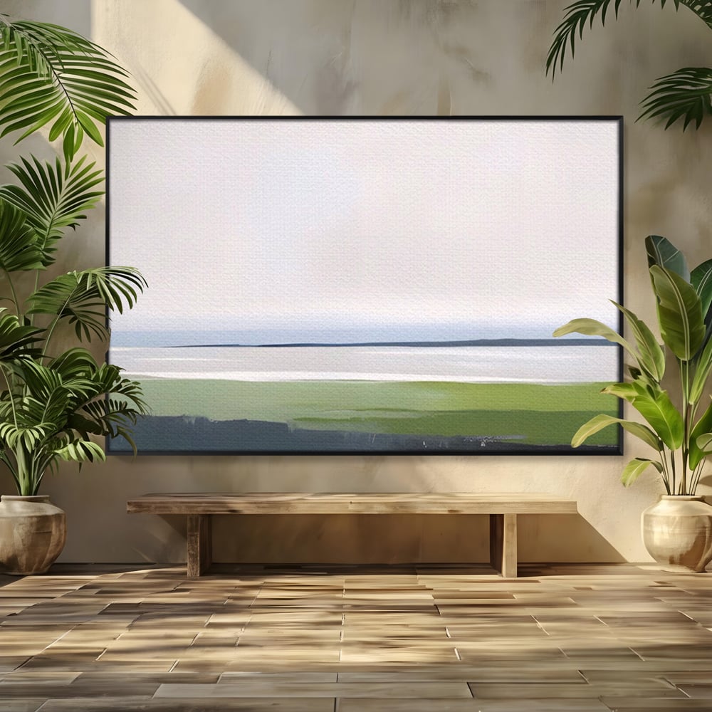 Tablou canvas cu pictura orizontala cu peisaj de campie si apa, in rama de aluminiu negru