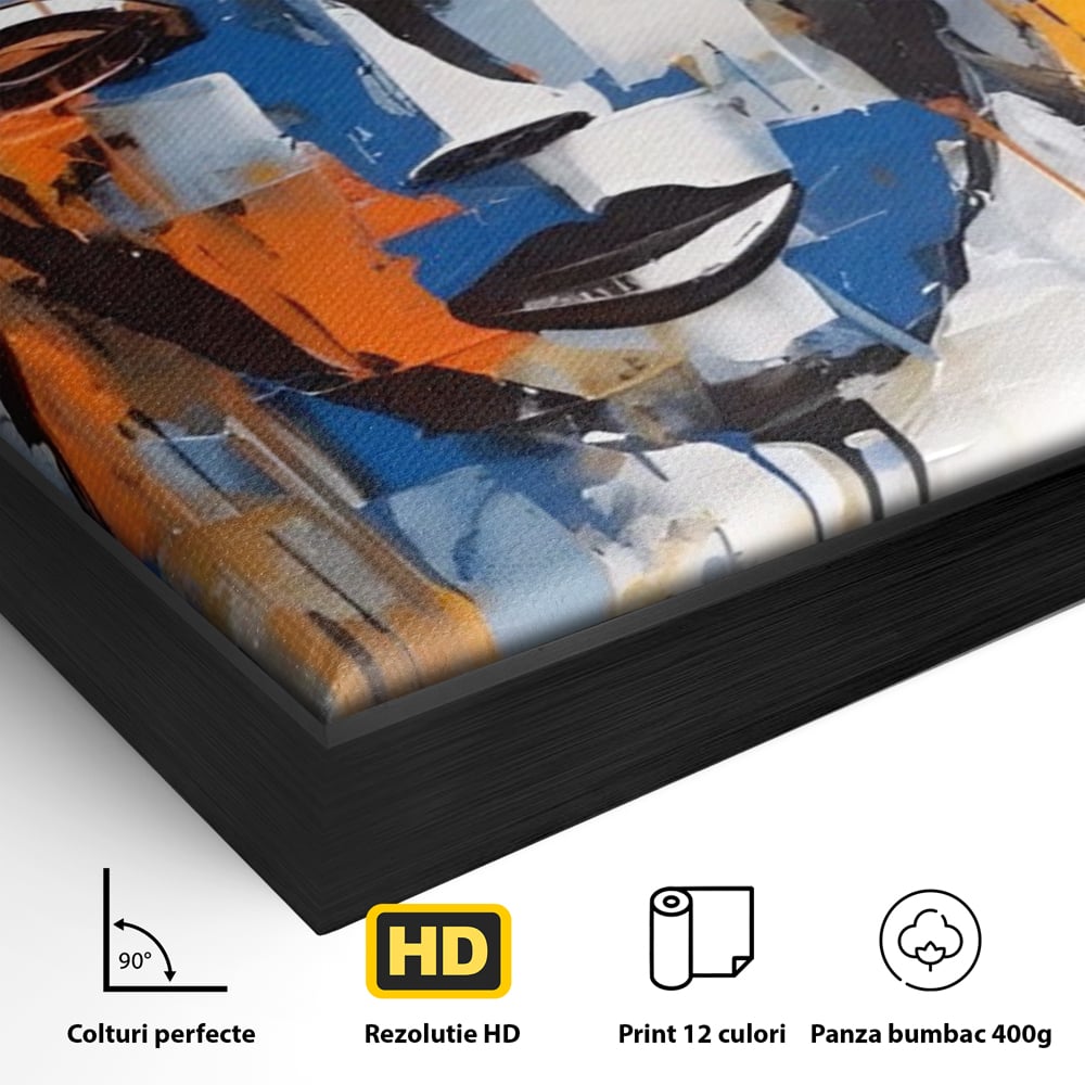 Detaliu al suprafetei: tablou canvas cu trei masti stilizate, in rama de aluminiu negru