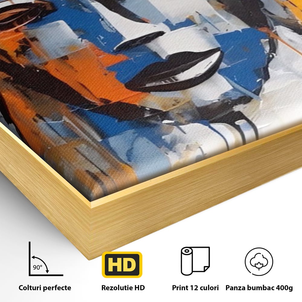 Detaliu al suprafetei: tablou canvas cu trei masti stilizate, in rama de aluminiu auriu