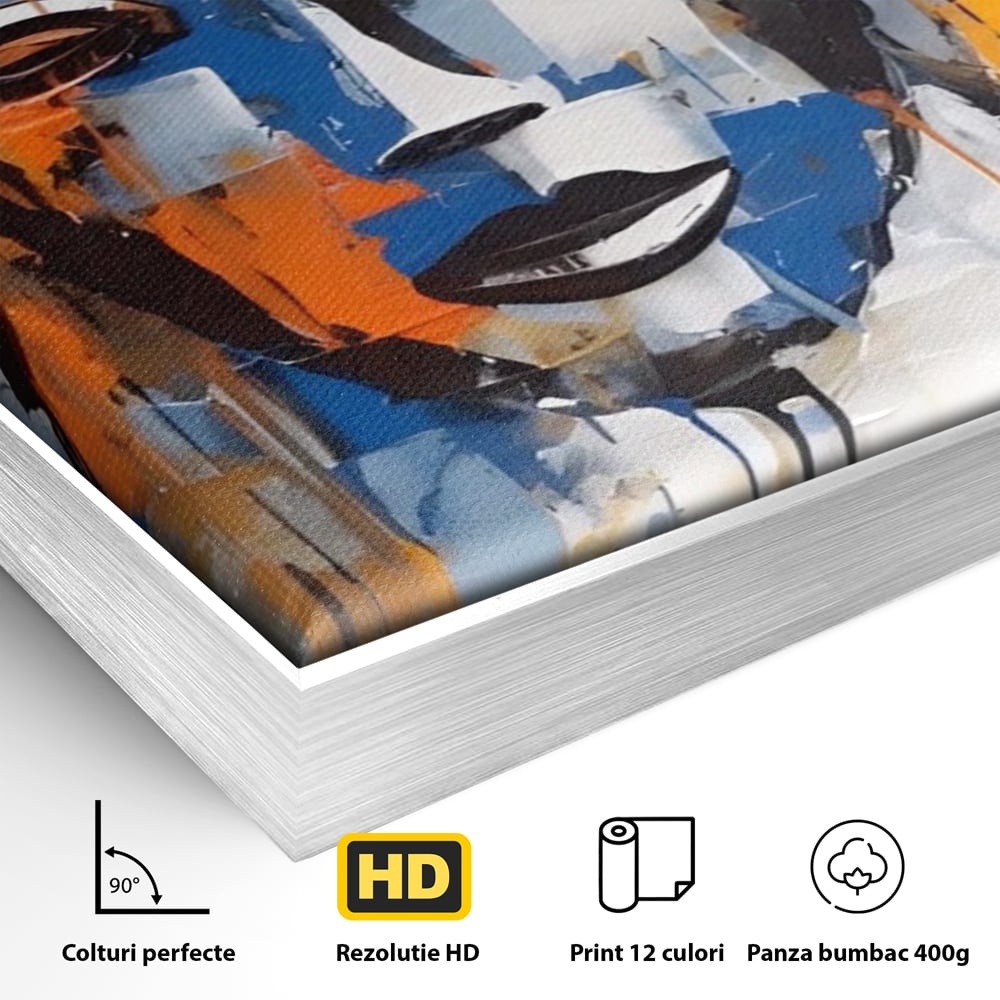 Detaliu al suprafetei: tablou canvas cu trei masti stilizate, in rama de aluminiu argintiu