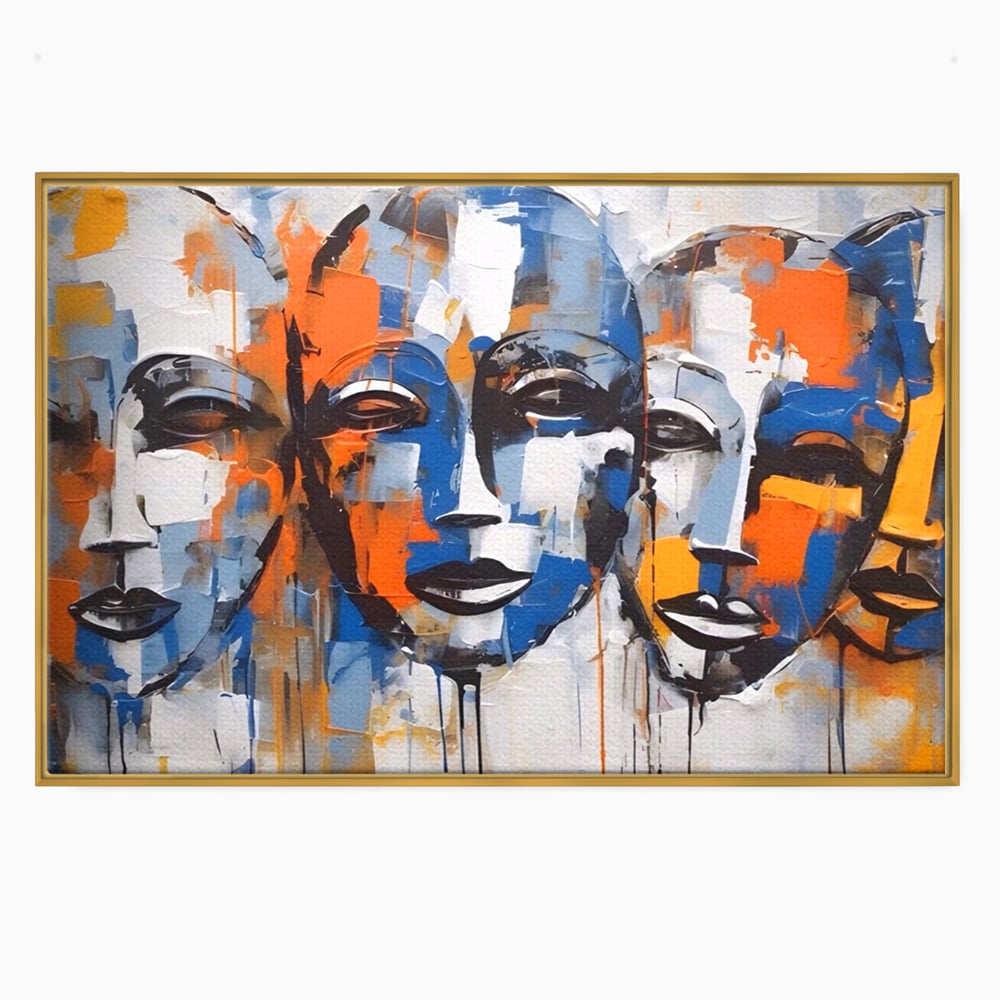 Tablou canvas cu tablou canvas cu trei masti stilizate, in rama de aluminiu auriu
