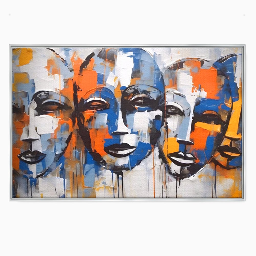 Tablou canvas cu tablou canvas cu trei masti stilizate, in rama de aluminiu argintiu