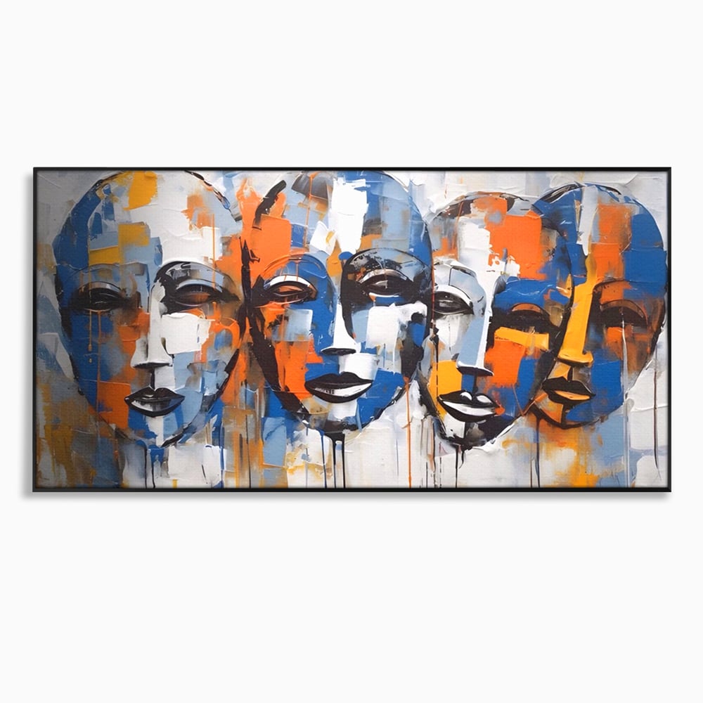 Tablou canvas cu tablou canvas cu trei masti stilizate, in rama de aluminiu negru