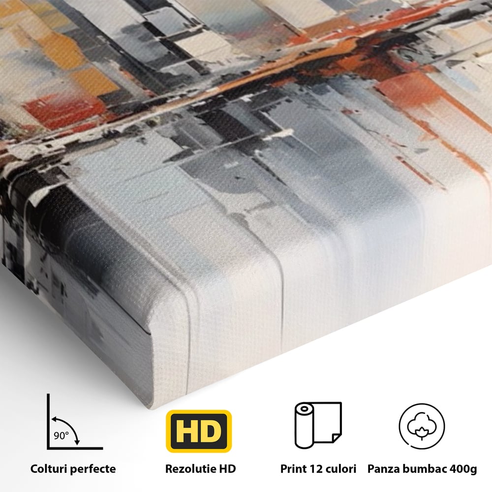 Detaliu al suprafetei: tablou canvas cu peisaj urban abstract, fara rama, pe sasiu de lemn
