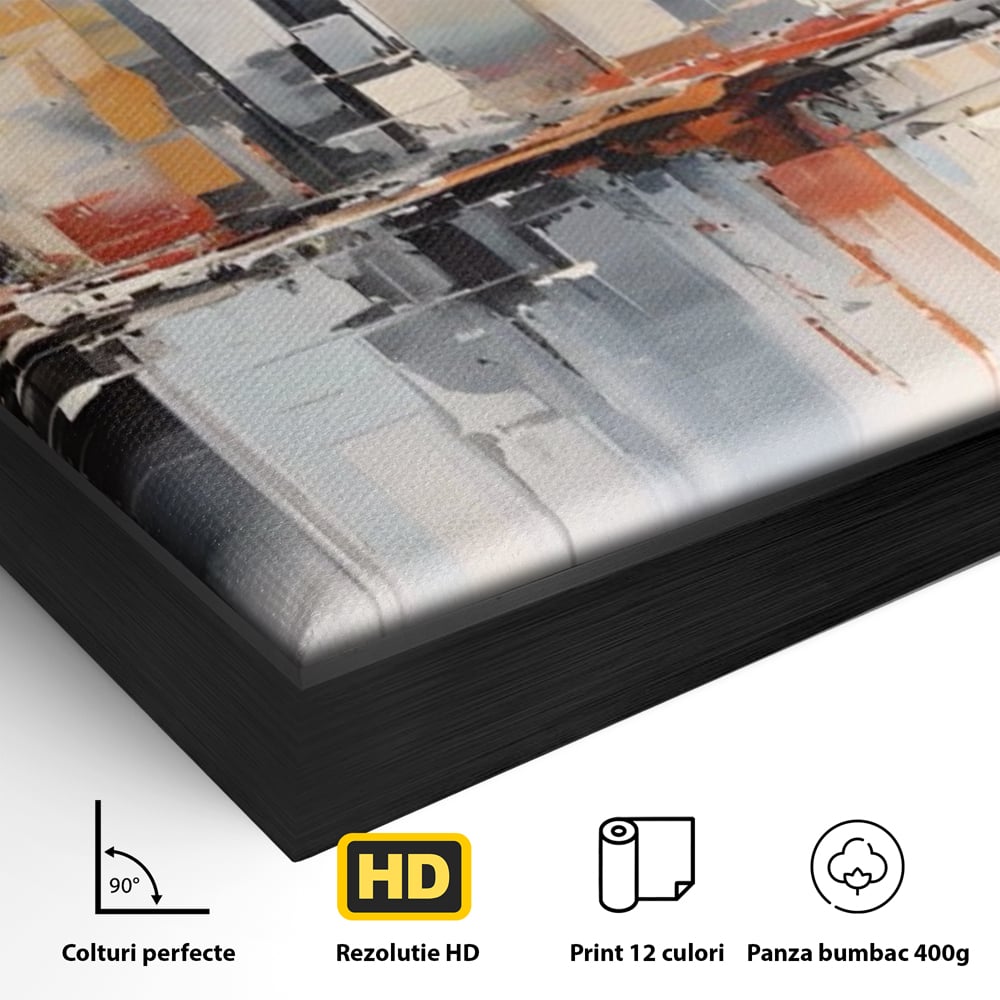 Detaliu al suprafetei: tablou canvas cu peisaj urban abstract, in rama de aluminiu negru