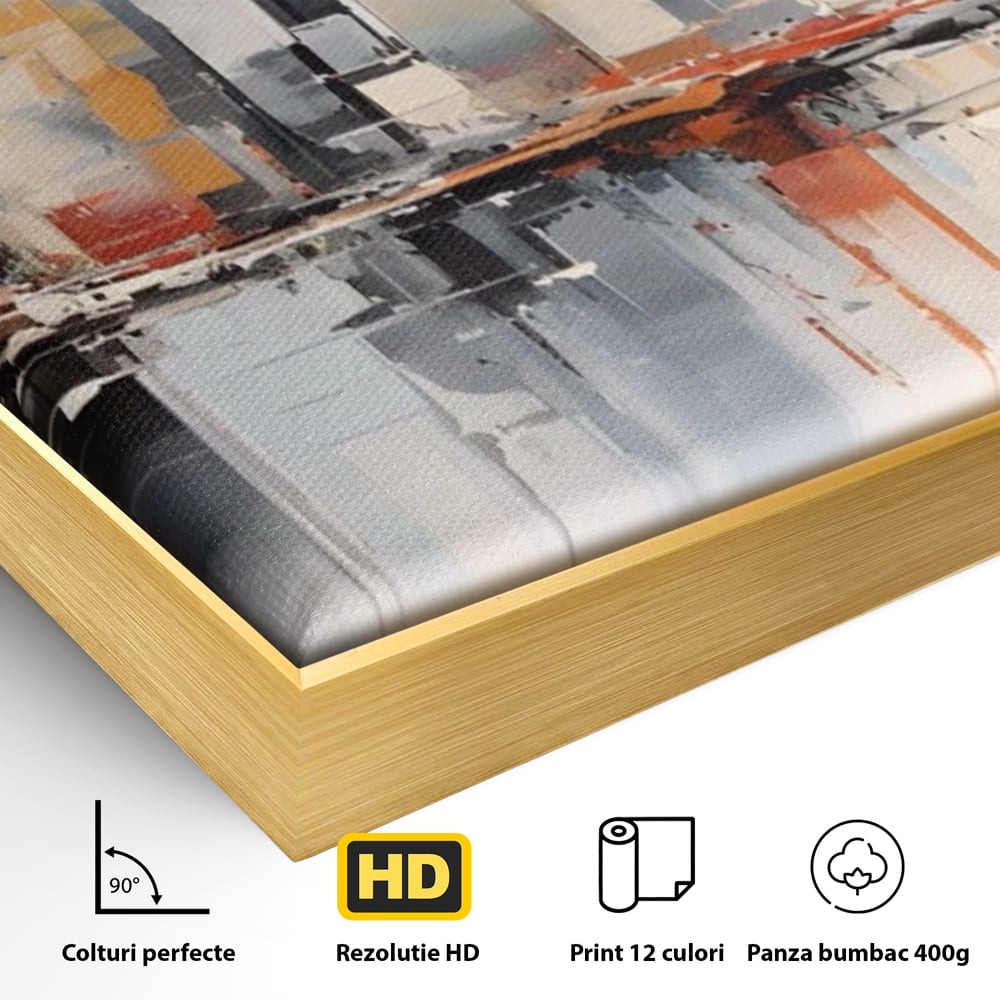 Detaliu al suprafetei: tablou canvas cu peisaj urban abstract, in rama de aluminiu auriu